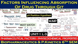 Pharmaceutical Factors affecting drug Absorption through GIT  Physicochemical Properties  6th Sem [upl. by Tillie]