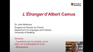 French L’Étranger d’Albert Camus  Dr John McKeane University of Reading [upl. by Mikeb852]