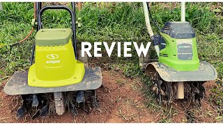 Sun Joe TJ604E Electric Tiller vs Greenworks 8 Amp 27072 tiller cultivator Review [upl. by Arodoeht]