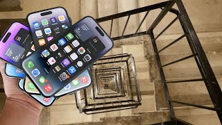 Dropping a Stack of 7 iPhone 14 Pros Down Crazy Spiral Staircase 300 Feet  Will They Survive [upl. by Ennire]