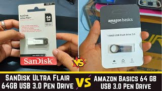 SanDisk Ultra Flair 64 gb vs Amazon Basics 64 GB USB 30 Pen Drive detail comparison copy past test [upl. by Akimyt]