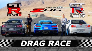 2023 Corvette Z06 vs GTR NISMO vs 1000hp R34 GTR  DRAG amp ROLL RACE [upl. by Asilrak]