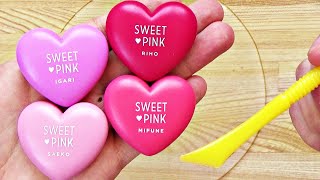 Satisfying Slime Coloring with Japanese Makeup Mixing 4 Colors Heart Lip Gloss into Clear Slime [upl. by Brandice]