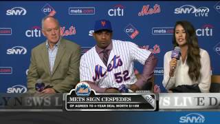 Yoenis Cespedes and Sandy Alderson discuss new Mets contract [upl. by Laurice661]