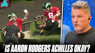 Aaron Rodgers Seen quotLimpingquot amp Checking Back Of Foot At Practice Fans Concerned  Pat McAfee Reacts [upl. by Anitsirhcairam973]