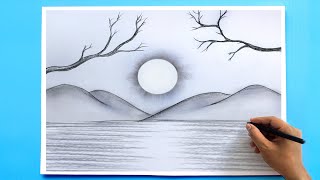 How to Draw a simple Landscape  Easy Pencil Drawing [upl. by Gemina]