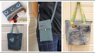 4 Beautiful jeans bag purse ideas  Easy sewing DIY from old jeans [upl. by Imuyam]