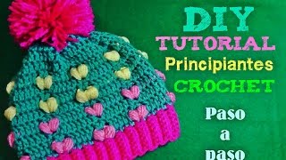 GORRO TEJIDO A CROCHET PASO A PASO PARA PRINCIPIANTES  EN PUNTO FANTASIA PUFF CORAZON [upl. by Ycnalc3]