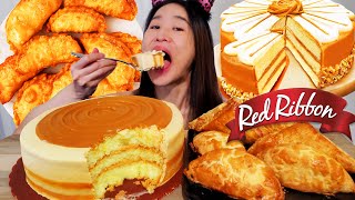 Filipino Dessert Mukbang Red Ribbons NEW Yema Caramel Cake amp Chicken Empanadas  ASMR Eating [upl. by Olag604]