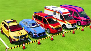 DACIA AUDI VOLKSWAGEN POLICE CARS amp MERCEDES AMBULANCE EMERGENCY VEHICLES TRANSPORTING  FS22 [upl. by Weywadt961]