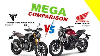 Triumph Scrambler 400 X vs Honda CB300R  MEGA COMPARISON bikeinfo199 automobile bikecompare [upl. by Byler]