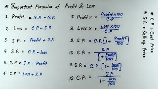 PROFIT amp LOSS  Profit and Loss important formulas [upl. by Lore]