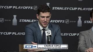 Tuukka Rask and Charlie Coyle after Bruins Game 1 OT win over Blue Jackets [upl. by Icaj]