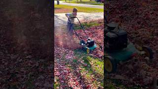 Mulch those Leaves 🍂we don’t rake to the road working boy chopping mulching lawn leaves mower [upl. by Aneeras]