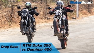 KTM Duke 390 vs Dominar 400  Drag Race  MotorBeam [upl. by Carew]