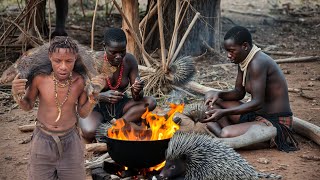 Hadza hunters successful hunt a porcupine and cooking in the wild [upl. by Gastineau]