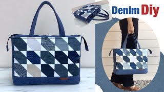 how to sew denim tote bag with zipper tutorial from scrap old jeans jeans patchwork tote bag diy [upl. by Aterg]