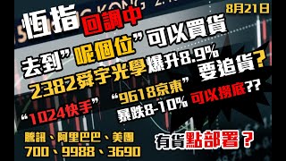 港股速報 恆指回調中｜呢個位可以買貨｜2382舜宇光學爆升89要追貨嗎？｜9618京東暴跌｜1024快手暴跌撈底時機？｜ 700騰訊｜9988阿里巴巴｜3690美｜恒生指數｜港股 ｜8月21日 [upl. by Calvina]