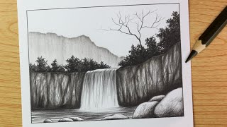 Charcoal pencil sketch scenery  Pencil shading video  Waterfall scenery sketch with pencil [upl. by Sekoorb]