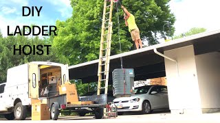 DIY Ladder Crane Lifting Condenser Onto Roof [upl. by Lekcar618]