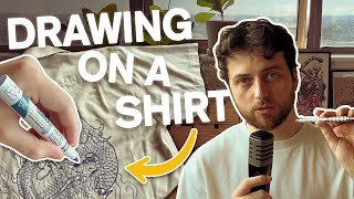 Drawing on a thrifted shirt 👕 drawing process amp second hand clothing  beautiful dragon drawing [upl. by Naillil]