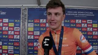 Olav Kooij  Interview at the finish  UEC Championships LimbourgFlanders 2024 [upl. by Asyl408]