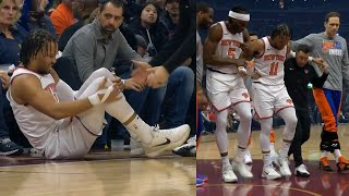 Jalen Brunson scary knee injury going up for shot 40 secs into game vs Cavs 😬 [upl. by Ledarf]