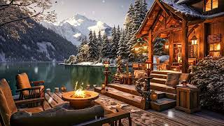 Cozy Winter Porch Ambience ⛄ Smooth Jazz Background Music with Snowfall amp Fireplace for Relax Study [upl. by Liuqnoj]