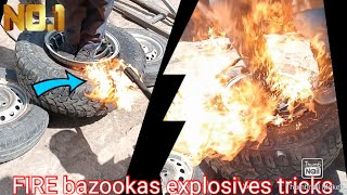 Airing up car tire with fire tricks dont try this only performed by professionals🔥🔥🔥 [upl. by Llerraj]