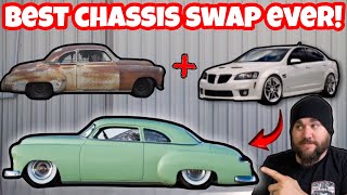 BEST CHASSIS SWAP EVER PONTIAC GTO G8 60 LS 1950 CHEVY CHOPPED BUDGET BUILD [upl. by Ahsiloc]