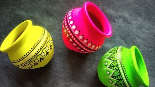 3 Easy pot decoration ideas for beginners  Pot painting ideas  Neon color craft  Doodle Mandala [upl. by Hebert]