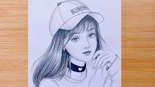 Drawing Tutorial  How to draw a girl with Blackpink cap  step by step Pencil Sketch for beginners [upl. by Toll]