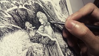 inking tutorial pen and ink cross hatching illustration time lapse with a lightbox [upl. by Trebmal320]