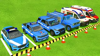 TRANSPORTING ALL BLUE POLICE CARS amp AMBULANCE EMERGENCY WITH MAN TRUCKS  Farming Simulator 22 [upl. by Esalb596]