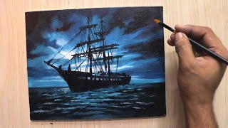 Acrylic painting of Moonlight night sky with a lonely ship [upl. by Quintana54]