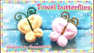 Towel fold craft  Towel butterfly tutorial摺毛巾手工教學  毛巾蝴蝶教學 [upl. by Ayotyal]