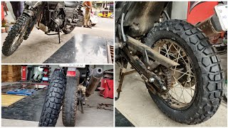 Installing Timsun 1309017 Broad knobby Off Road Tyre on RE HimalayanMaria Tyre World 9952747821 [upl. by Rob]