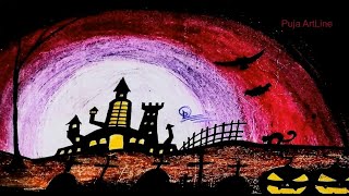 Halloween special How to Draw spooky scenery Halloween Drawingswitch housescary black cat [upl. by Hailat]