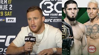 Justin Gaethje Predicts Islam Makhachev vs Charles Oliveira 2 for UFC 294 [upl. by Ssur]