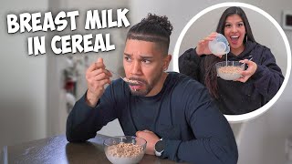 BREAST MILK IN CEREAL PRANK ON HUSBAND HILARIOUS [upl. by Nathanoj]