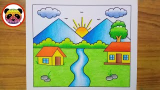 Scenery Drawing  How to Draw Beautiful Landscape Scenery Drawing  Village Scenery Drawing Chitra [upl. by Atilehs]