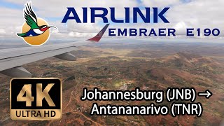 【4K Flight】 Johannesburg JNB to Antananarivo TNR Madagascar Airlink EMBRAER E190 [upl. by Casia]