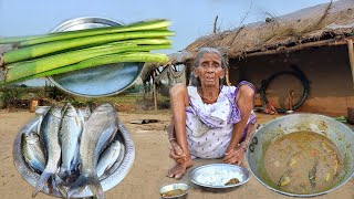 90 year old poor grandma cooking ROHU FISH with Kochu recipe and eating with ricevillage cooking [upl. by Bithia366]