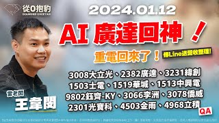 20240112 雷老闆《從0抱豹》EP51【AI 廣達回神！重電回來了！】3008大立光、2382廣達、3231緯創1503士電、1519華城、1513中興電、9802鈺齊KY、2301光寶科 [upl. by Jean-Claude]