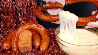 ASMR KIELBASA SAUSAGE SPAM STRETCHY CHEESE SPICY BLACK BEAN NOODLES COOKING MUKBANG 먹방 EATING SOUNDS [upl. by Rosena]