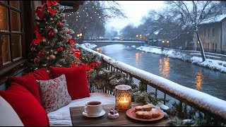 Jazz Café Ambience 🎷 Snowy Day with Cozy Sofa amp Christmas Balcony Views 🌟 [upl. by Aseret]