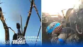 Ukrainian troops hide in trench shooting enemy FPV drones during Russian artillery barrage [upl. by Boote]