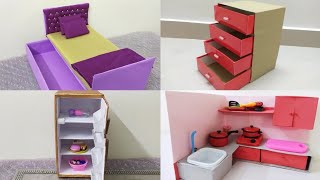 DIY MiniaturesBarbie dollhouse thingsHow to make Barbie dollhouse furnitureBedFridgeKitchen etc [upl. by Aicenet]