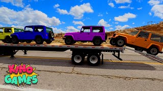 Flatbed Trailer Cars Transportation with Truck  Speedbumps vs Cars vs Train  BeamNGDrive [upl. by Idnib]