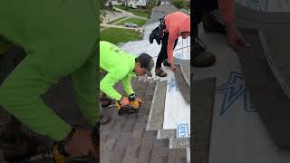 Roofing crew installing Teak Owens Corning shingles roofing owenscorning [upl. by Hubbard]